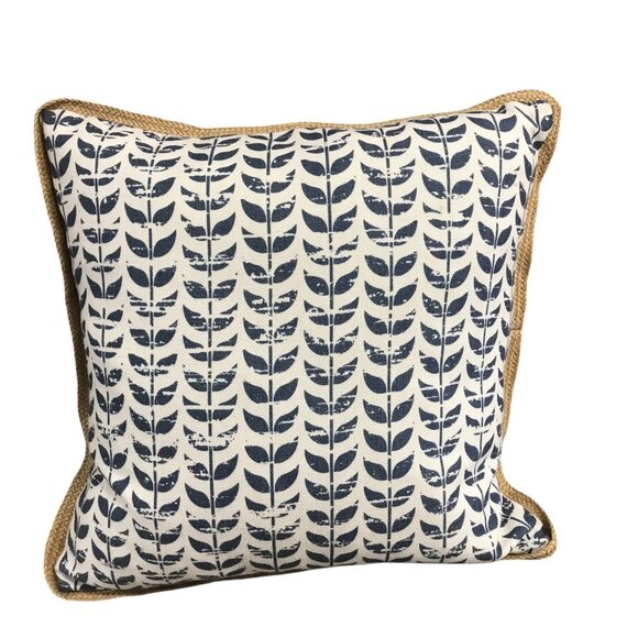 Decorative Throw Pillow With Down Insert Navy Blue & White Leaf Pattern Linen Co - Picture 1 of 6